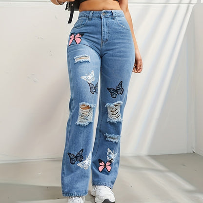 Détail imprimé papillon et finitions déchirées du jean denim femme