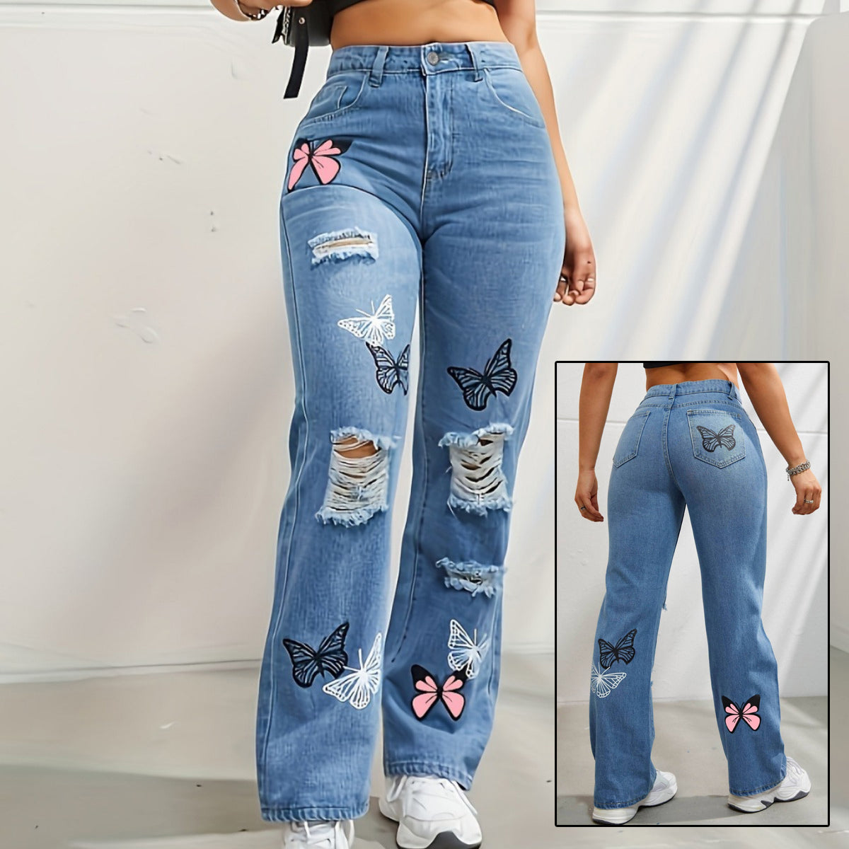 Jean taille haute imprimé papillon TILLHA PARIS porté par une femme